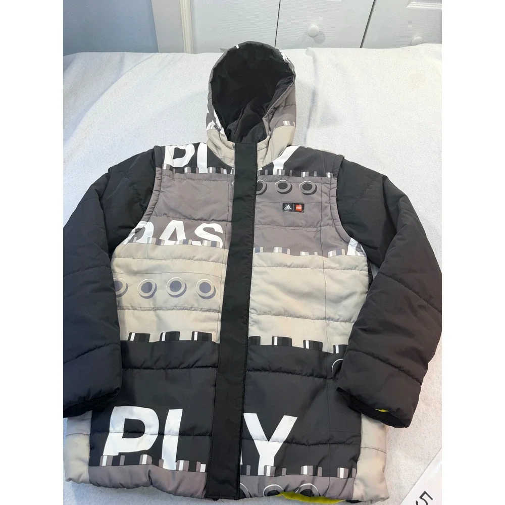 Adidas x LEGO Convertible Puffer Jacket Vest Black Grey Graphic Hooded Mens XL
